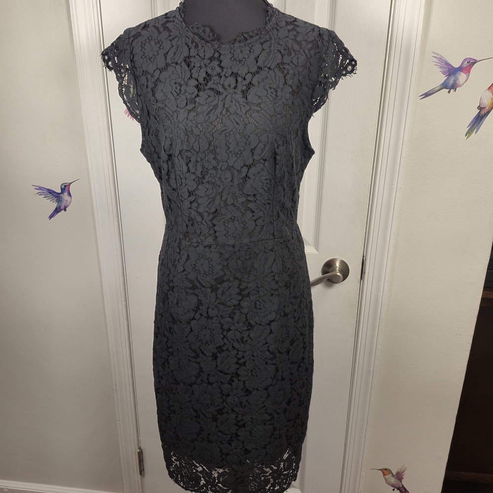 MEROKEETY Black Floral Lace Cap Sleeve Sheath Cocktail Dress Medium